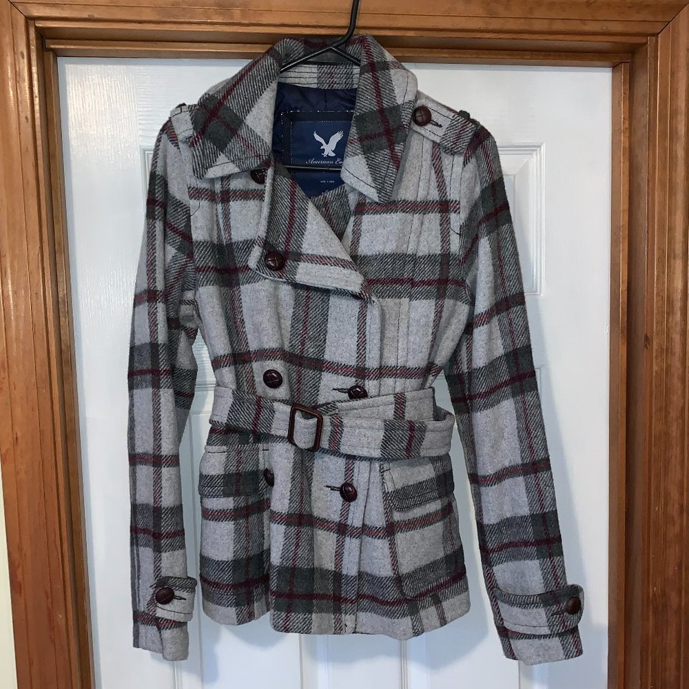 AEO Wool Blend Plaid Peacoat with Buttons & Belt